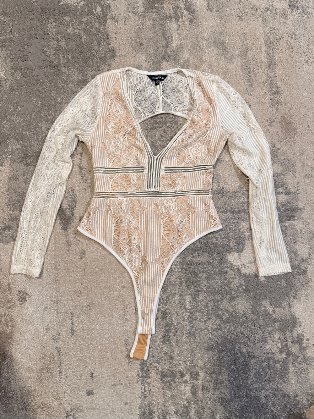 Naanaa Lace Striped V-Neck Long Sleeve Bodysuit in Ivory & Nude